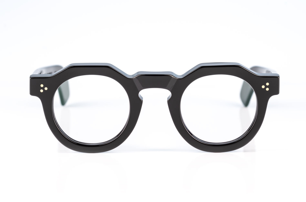 Max Pittion Brille – Hugo – Kronenpanto – genietet – schwarzes – dickes Acetat – produziert in Japan – KITSCHENBERG Brillen