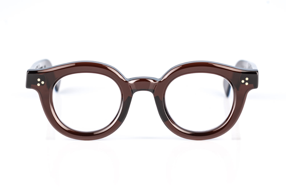 Max Pittion – Maestro – Cinnamon – vintage Pantobrillen aus brauntransparentem dickem Acetat mit Dreipunktniete – made in Japan – KITSCHENBERG Brillen
