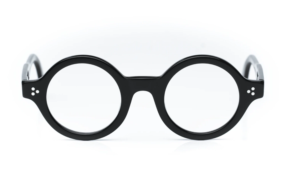 Schwarze runde Acetatbrille von Lesca aus Frankreich – handgenietet Gelenke - Kitschenberg